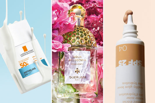 la roche posay anthelios uvair, guerlain aqua allegoria rosa verde, clarins skin illusion tinted moisturiser