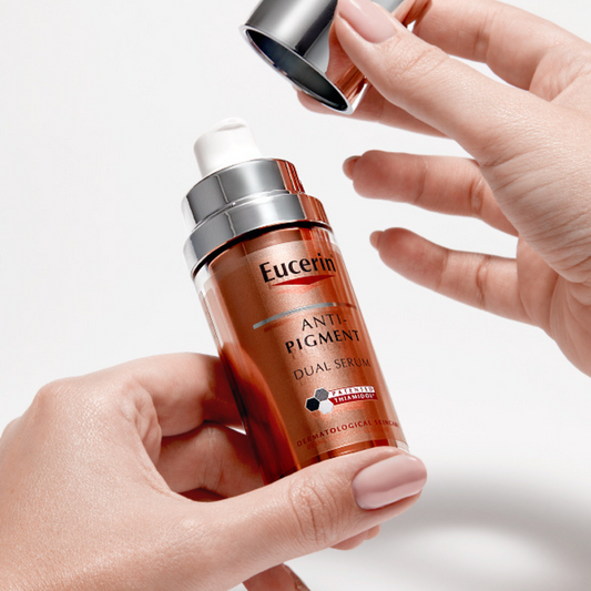 Escentual team trying eucerin anti-pigment dual serum for review