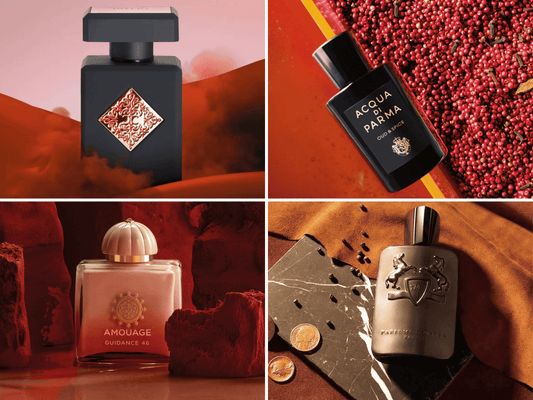 An image featuring four luxury perfumes: Acqua di Parma Oud & Spice, Amouage Guidance 46, a third perfume with a pink bottle, and a fourth perfume with a brown bottle and a crest-like logo.