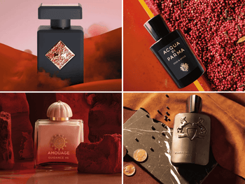 An image featuring four luxury perfumes: Acqua di Parma Oud & Spice, Amouage Guidance 46, a third perfume with a pink bottle, and a fourth perfume with a brown bottle and a crest-like logo.
