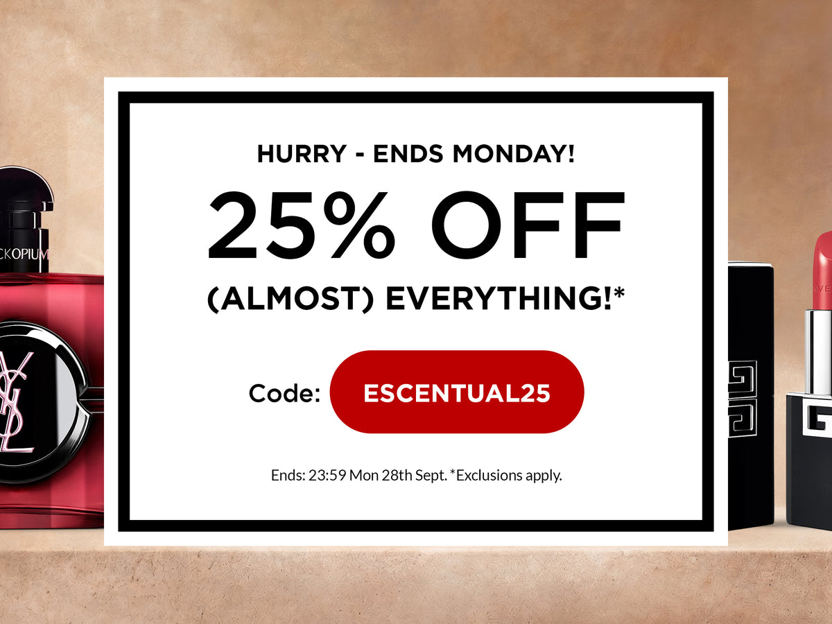 A promotional sale card reading 'HURRY - ENDS MONDAY! 25% OFF (ALMOST) EVERYTHING! Code: ESCENTUAL25' centered on a beige textured background, with partial cosmetics products visible at the left and right edges.