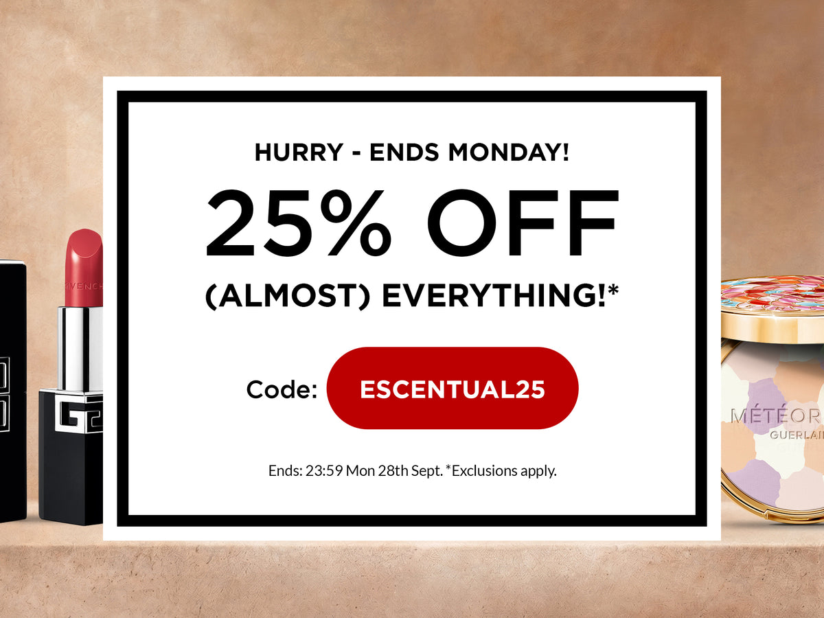 ESCENTUAL25 promotional banner on a warm beige backdrop reading: Hurry, ends Monday! 25% off (almost) everything, code ESCENTUAL25, ends 23:59 Monday 28th September, exclusions apply. Flanked by a red Givenchy Le Rouge lipstick and Guerlain Meteorites powder