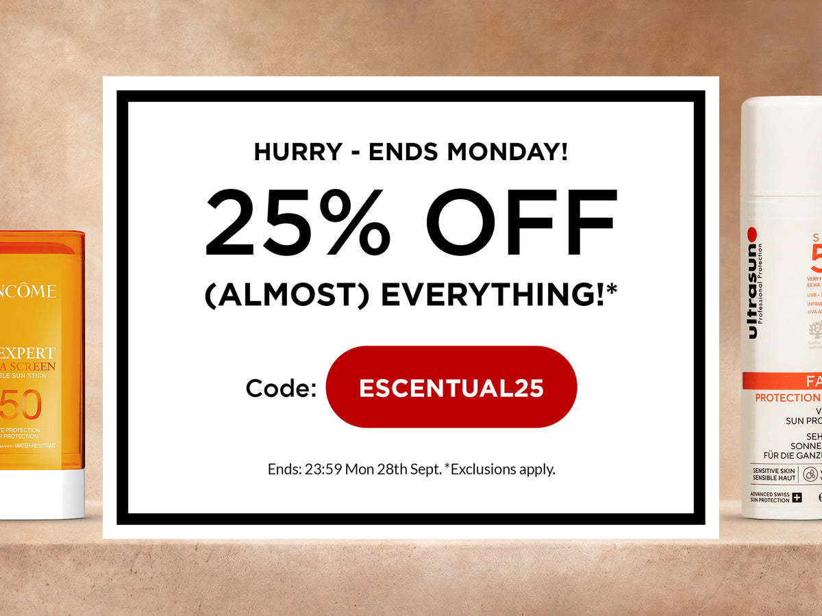 ESCENTUAL25 promotional banner on a warm beige backdrop reading: Hurry, ends Monday! 25% off (almost) everything, code ESCENTUAL25, ends 23:59 Monday 28th September, exclusions apply. Flanked by Lancome UV Expert SPF50 sun stick and Ultrasun face protection