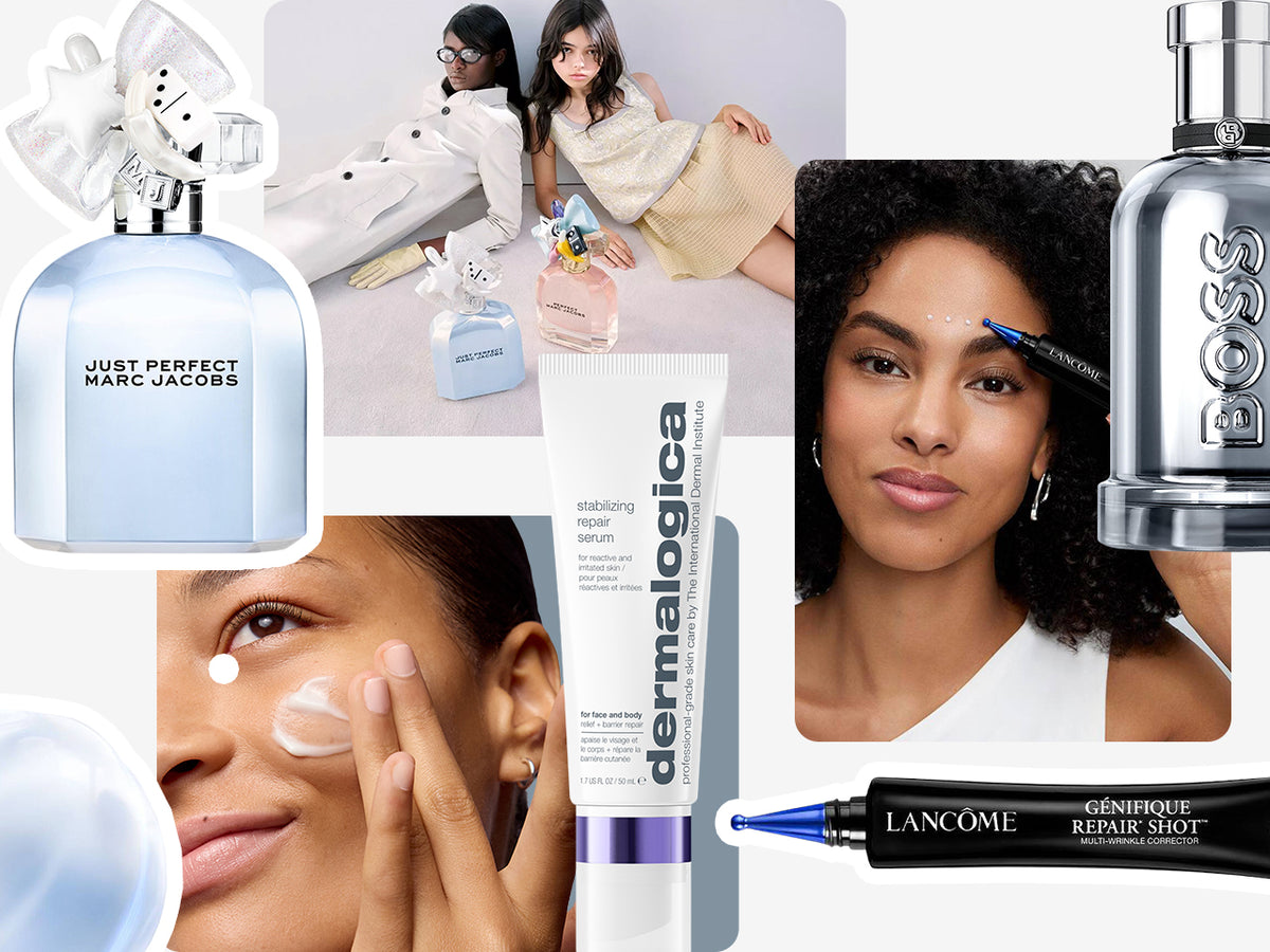 A collage of beauty and fragrance products: a light blue Marc Jacobs perfume bottle, a DermaLogica serum tube, a Lancôme repair shot pen, a silver BOSS perfume bottle, and two inset photos of women applying skincare and posing with perfume.