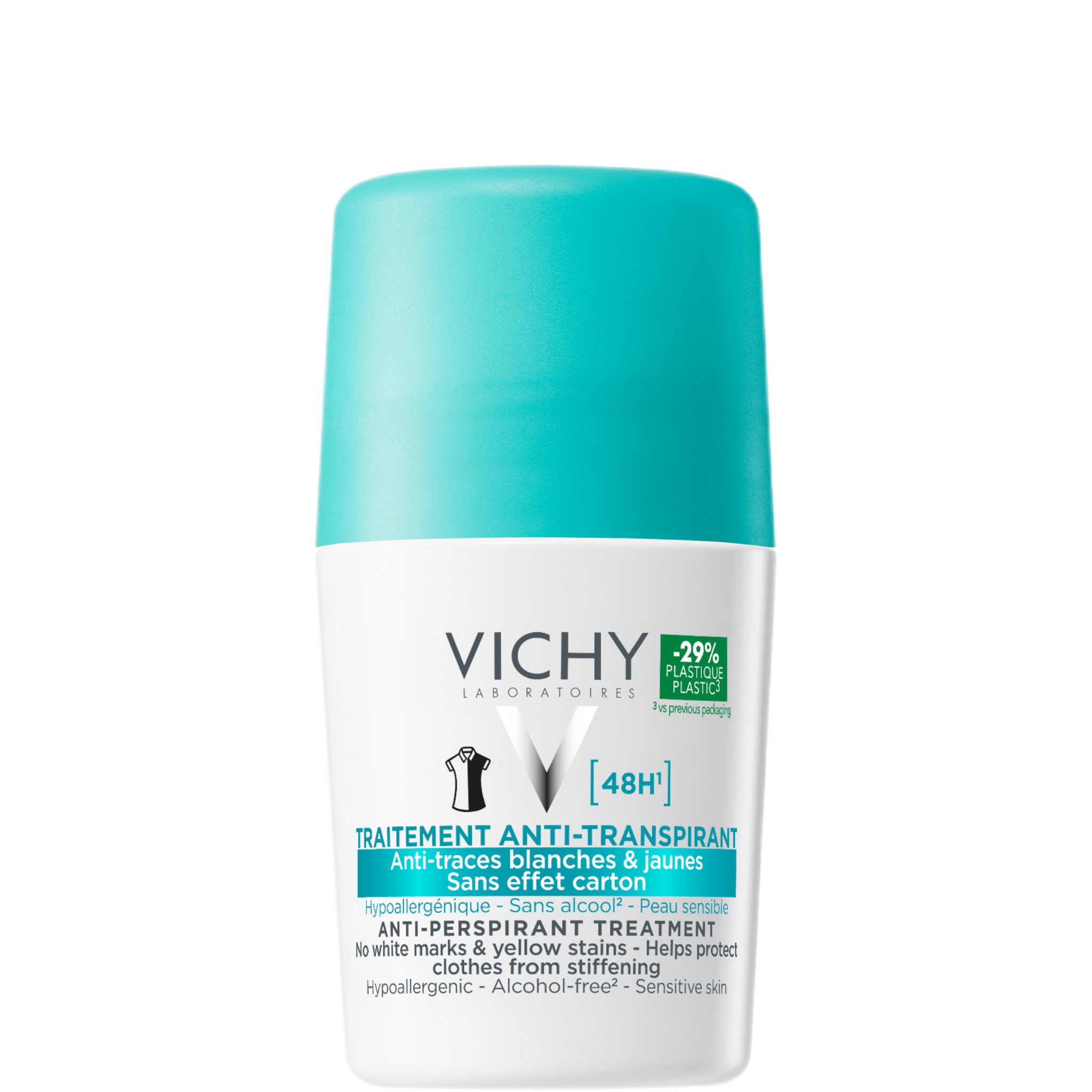Vichy 48hr Anti-Perspirant Roll On - No White Marks and Yellow Stains - 50ml