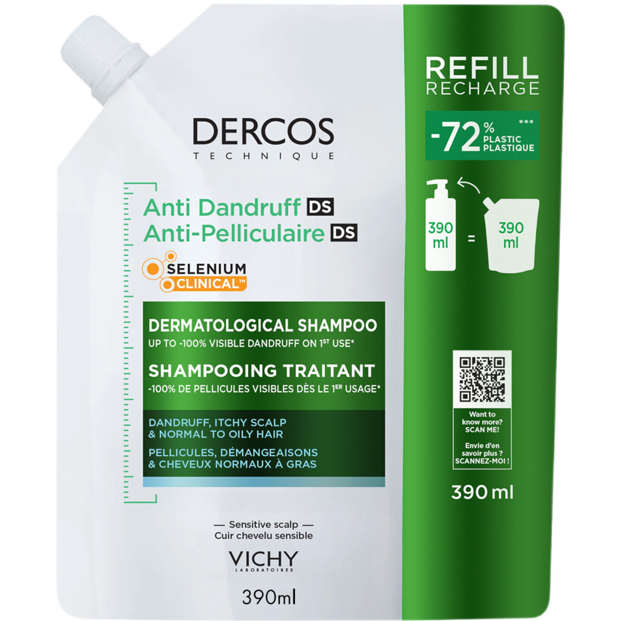 Vichy Dercos Anti-Dandruff Shampoo for Normal to Oily Hair Refill - 390ml