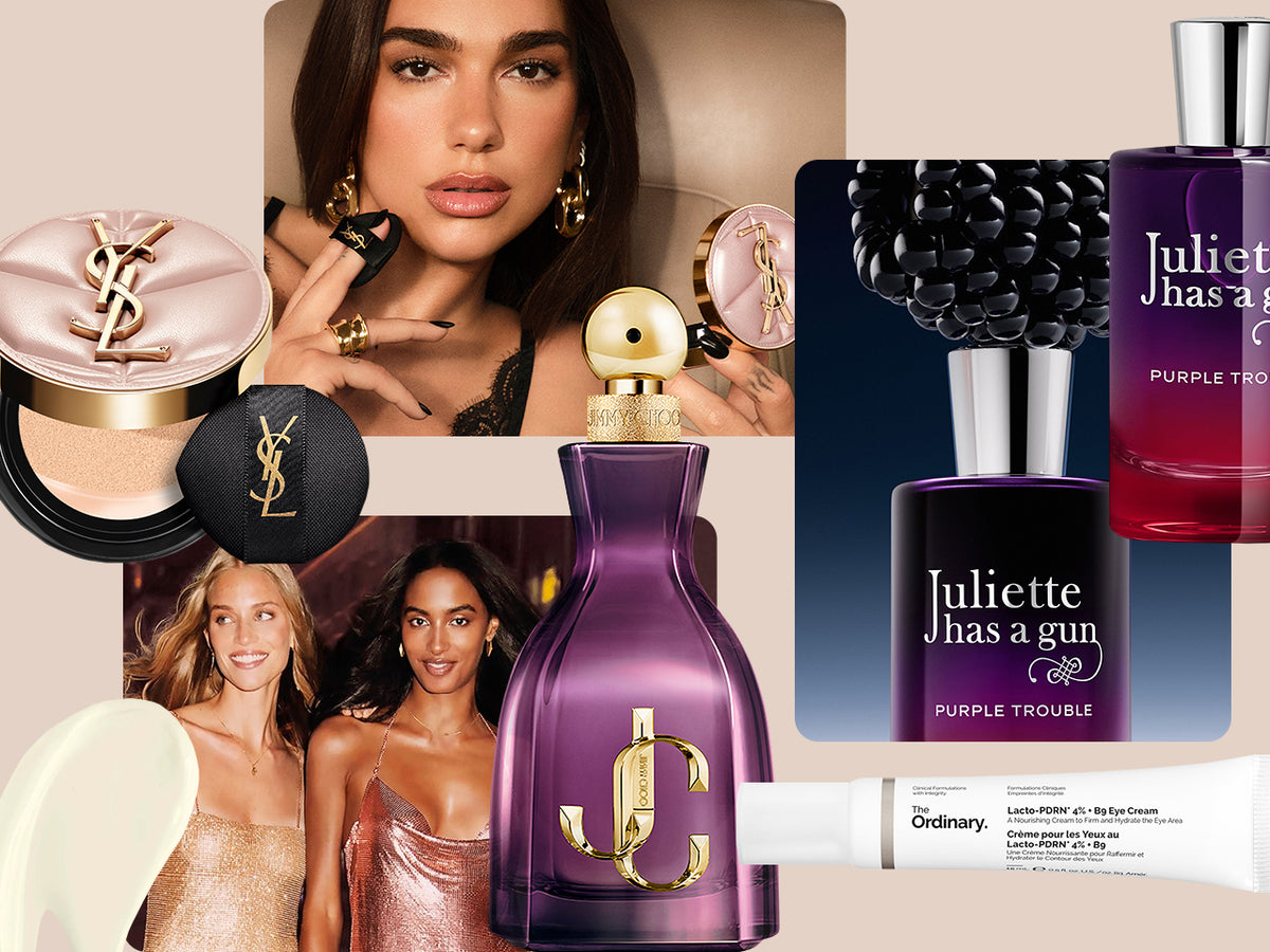 A collage of beauty products and models on a beige background, featuring a large purple perfume bottle with a gold monogram, a pink YSL compact, a black YSL compact case, a purple and red Juliette Has a Gun fragrance bottle, and an Ordinary eye cream tube.