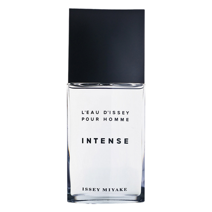 A glass bottle of Issey Miyake L'Eau D'Issey Pour Homme Intense eau de toilette spray with a black cap and label.